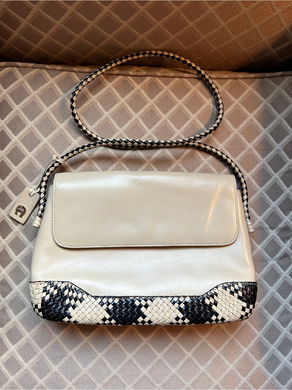 Etienne Aigner Taupe and Black Woven Accent Crossbody Bag
